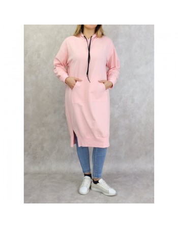 Sweat long à capuche - Sweatshirt femme en coton - Couleur rose 