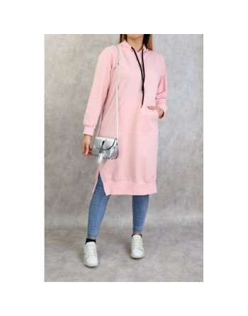 Sweat long à capuche - Sweatshirt femme en coton - Couleur rose 