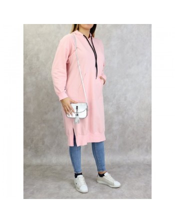Sweat long à capuche - Sweatshirt femme en coton - Couleur rose 