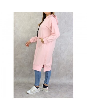 Sweat long à capuche - Sweatshirt femme en coton - Couleur rose 