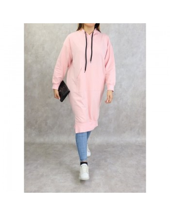 Sweat long à capuche - Sweatshirt femme en coton - Couleur rose 