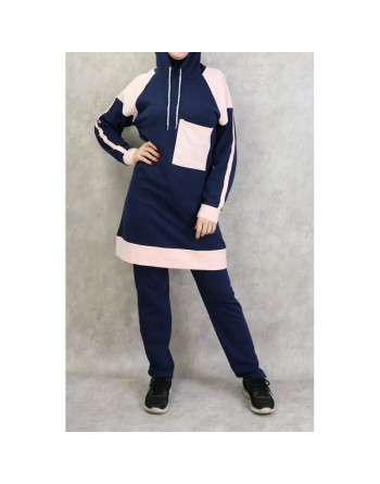 Survêtement femme 2 pièces avec capuche de couleur bleu marine et rose clair (Grandes tailles disponibles) 