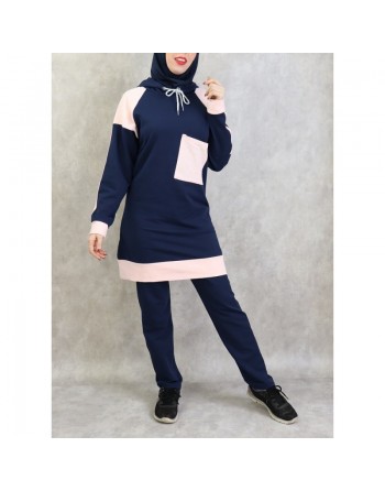 Survêtement femme 2 pièces avec capuche de couleur bleu marine et rose clair (Grandes tailles disponibles) 