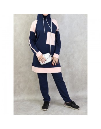 Survêtement femme 2 pièces avec capuche de couleur bleu marine et rose clair (Grandes tailles disponibles) 