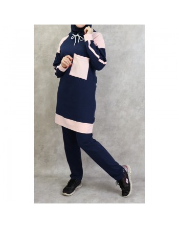 Survêtement femme 2 pièces avec capuche de couleur bleu marine et rose clair (Grandes tailles disponibles) 