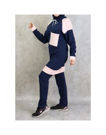 Survêtement femme 2 pièces avec capuche de couleur bleu marine et rose clair (Grandes tailles disponibles) 