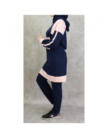 Survêtement femme 2 pièces avec capuche de couleur bleu marine et rose clair (Grandes tailles disponibles) 