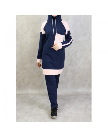 Survêtement femme 2 pièces avec capuche de couleur bleu marine et rose clair (Grandes tailles disponibles) 