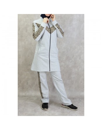 Survêtement femme 2 pièces gris clair avec motifs léopard 
