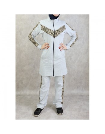 Survêtement femme 2 pièces gris clair avec motifs léopard 