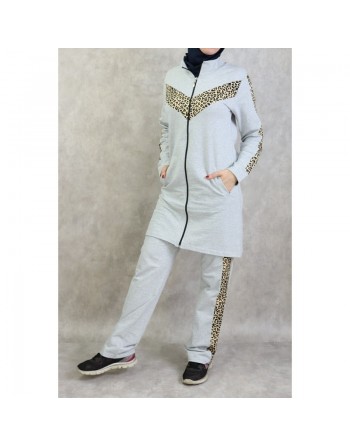 Survêtement femme 2 pièces gris clair avec motifs léopard 