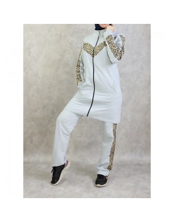 Survêtement femme 2 pièces gris clair avec motifs léopard 