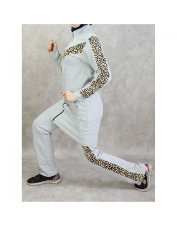 Survêtement femme 2 pièces gris clair avec motifs léopard 
