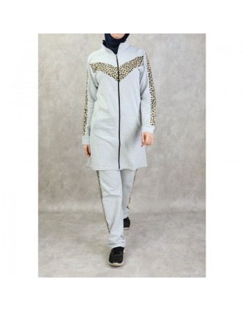Survêtement femme 2 pièces gris clair avec motifs léopard 