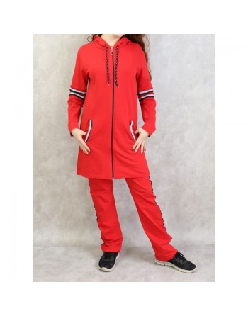 Survêtement femme à capuche de couleur rouge avec bandes tricolores (Grandes tailles) 