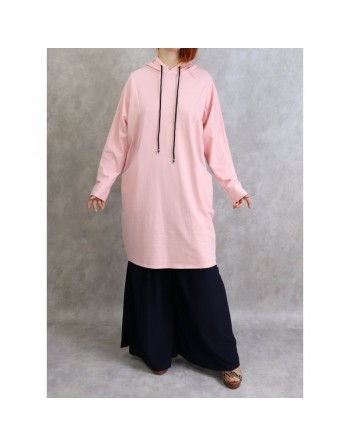 Tunique sport en coton - Sweats femmes - Pull long avec capuche - Couleur Rose clair 
