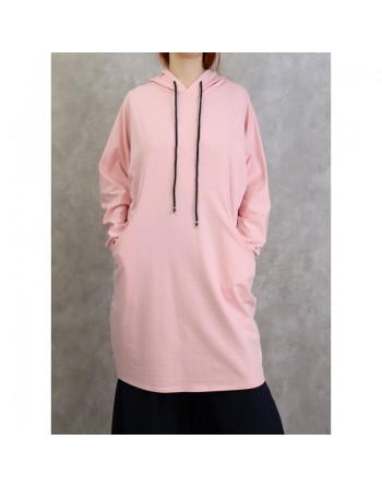 Tunique sport en coton - Sweats femmes - Pull long avec capuche - Couleur Rose clair 