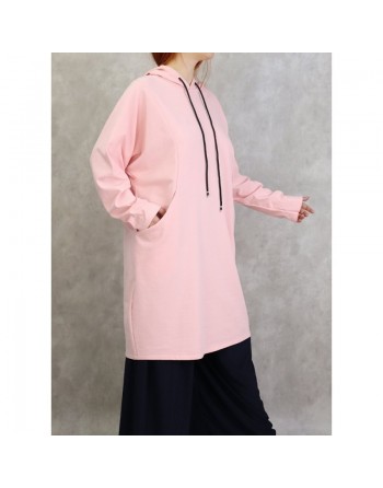Tunique sport en coton - Sweats femmes - Pull long avec capuche - Couleur Rose clair 