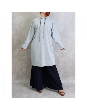 Tunique sport en coton - Sweat femme - Sweatshirts long avec capuche de couleur Gris chiné clair 