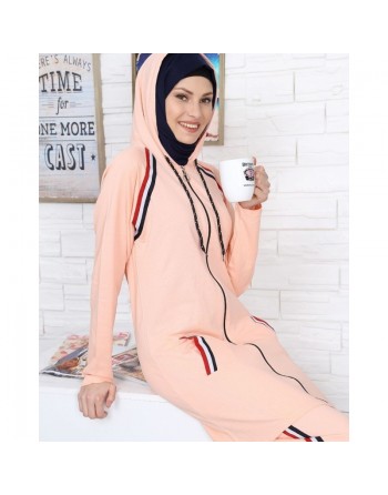Survêtement femme à capuche de couleur Saumon avec bandes tricolores (Vêtement de Sport pour musulmanes voilées) 
