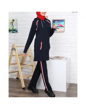 Survêtement à capuche avec bandes tricolores (Plusieurs couleurs disponibles) - Tenue de sport femme voilée 