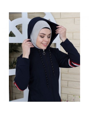 Survêtement à capuche de couleur noir avec bandes tricolores (Vetement de Sport pour femme musulmane voilée) 
