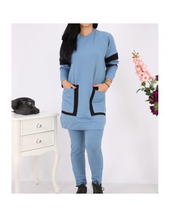 Survêtement femme 2 pièces à grandes poches de couleur bleu acier (Grandes tailles disponibles) 