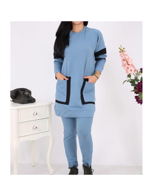 Survêtement femme 2 pièces à grandes poches de couleur bleu acier (Grandes tailles disponibles) Survêtement femme 2 pièces à grandes poches de couleur bleu acier (Grandes tailles disponibles)