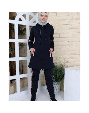 Survêtement femme à capuche de couleur bleu marine avec bandes tricolores (Vetement Sport musulmane - Grande taille disponi... 