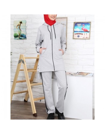Survêtement 2 pièces à bandes noires de couleur gris chiné (Tenue de sport pour femme musulmane voilée) 