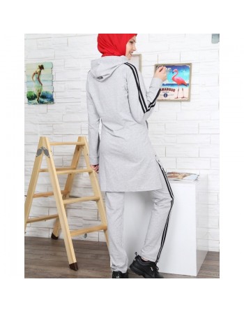 Survêtement 2 pièces à bandes noires de couleur gris chiné (Tenue de sport pour femme musulmane voilée) 