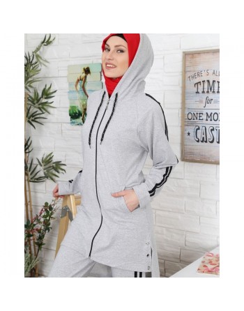 Survêtement 2 pièces à bandes noires de couleur gris chiné (Tenue de sport pour femme musulmane voilée) 