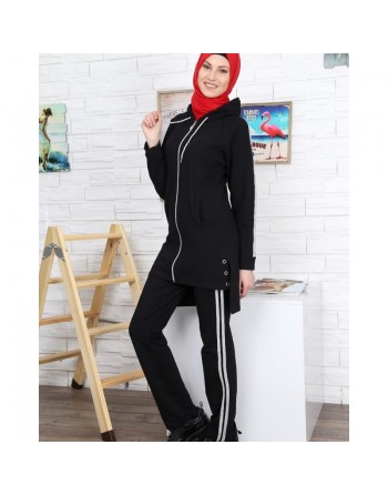 Survêtement 2 pièces à bandes gris chiné (plusieurs couleurs disponibles) - Vetement islamique de sport pour femme voilée 