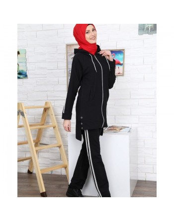 Survêtement 2 pièces à bandes gris chiné (plusieurs couleurs disponibles) - Vetement islamique de sport pour femme voilée 