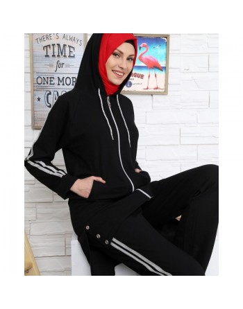 Survêtement 2 pièces à bandes gris chiné (plusieurs couleurs disponibles) - Vetement islamique de sport pour femme voilée 