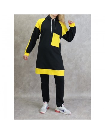 Survêtement femme 2 pièces avec capuche de couleur anthracite et jaune (grandes tailles disponibles) 