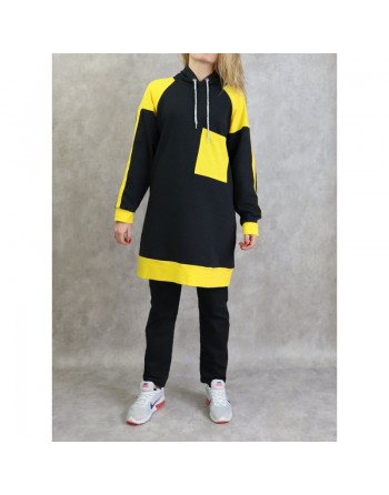 Survêtement femme 2 pièces avec capuche de couleur anthracite et jaune (grandes tailles disponibles) 