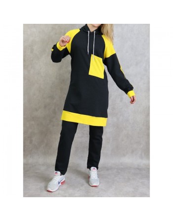 Survêtement femme 2 pièces avec capuche de couleur anthracite et jaune (grandes tailles disponibles) 
