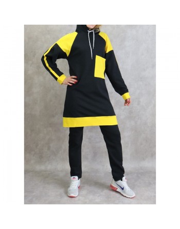Survêtement femme 2 pièces avec capuche de couleur anthracite et jaune (grandes tailles disponibles) 