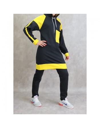 Survêtement femme 2 pièces avec capuche de couleur anthracite et jaune (grandes tailles disponibles) 