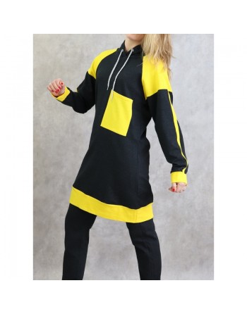 Survêtement femme 2 pièces avec capuche de couleur anthracite et jaune (grandes tailles disponibles) 