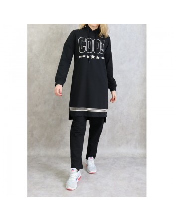 Survêtement femme 2 pièces à capuche "COOL" de couleur noir 