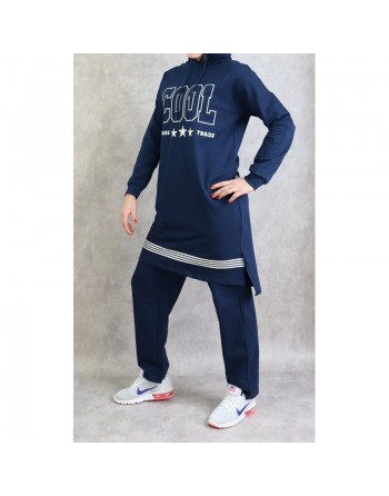 Survêtement femme 2 pièces à capuche "COOL" de couleur bleu marine 