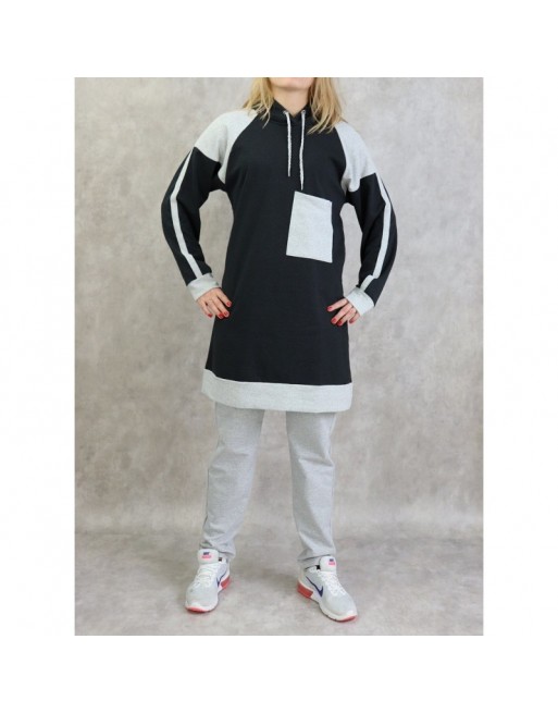 Survêtement femme 2 pièces avec capuche de couleur anthracite et gris clair (grande taille disponible) Survêtement femme 2 pièces avec capuche de couleur anthracite et gris clair (grande taille disponible)