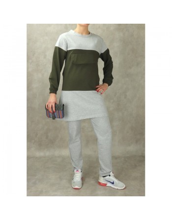Survêtement femme 2 pièces bicolores de couleur gris et kaki (Grandes tailles disponibles) 