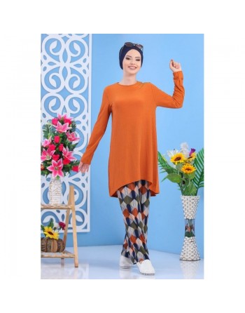 Ensemble décontracté 2 pièces tunique + pantalon pour femme - Couleur rouille 