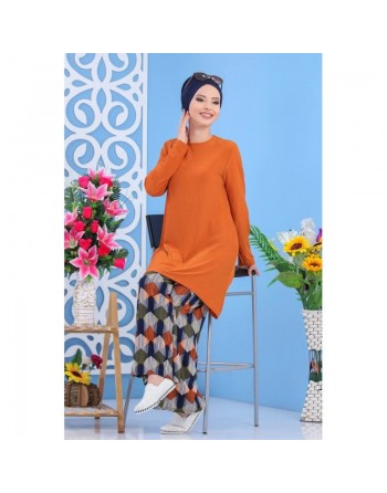 Ensemble décontracté 2 pièces tunique + pantalon pour femme - Couleur rouille 