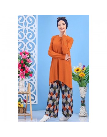 Ensemble décontracté 2 pièces tunique + pantalon pour femme - Couleur rouille 