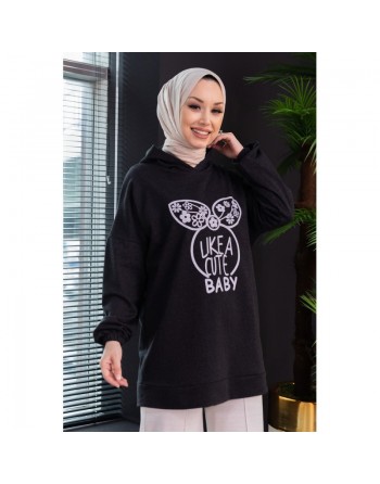Tunique avec capuche imprimé "Like a cute baby" (Vêtement Femme Style Moderne) - Couleur anthracite 