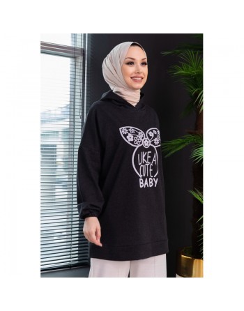 Tunique avec capuche imprimé "Like a cute baby" (Vêtement Femme Style Moderne) - Couleur anthracite 